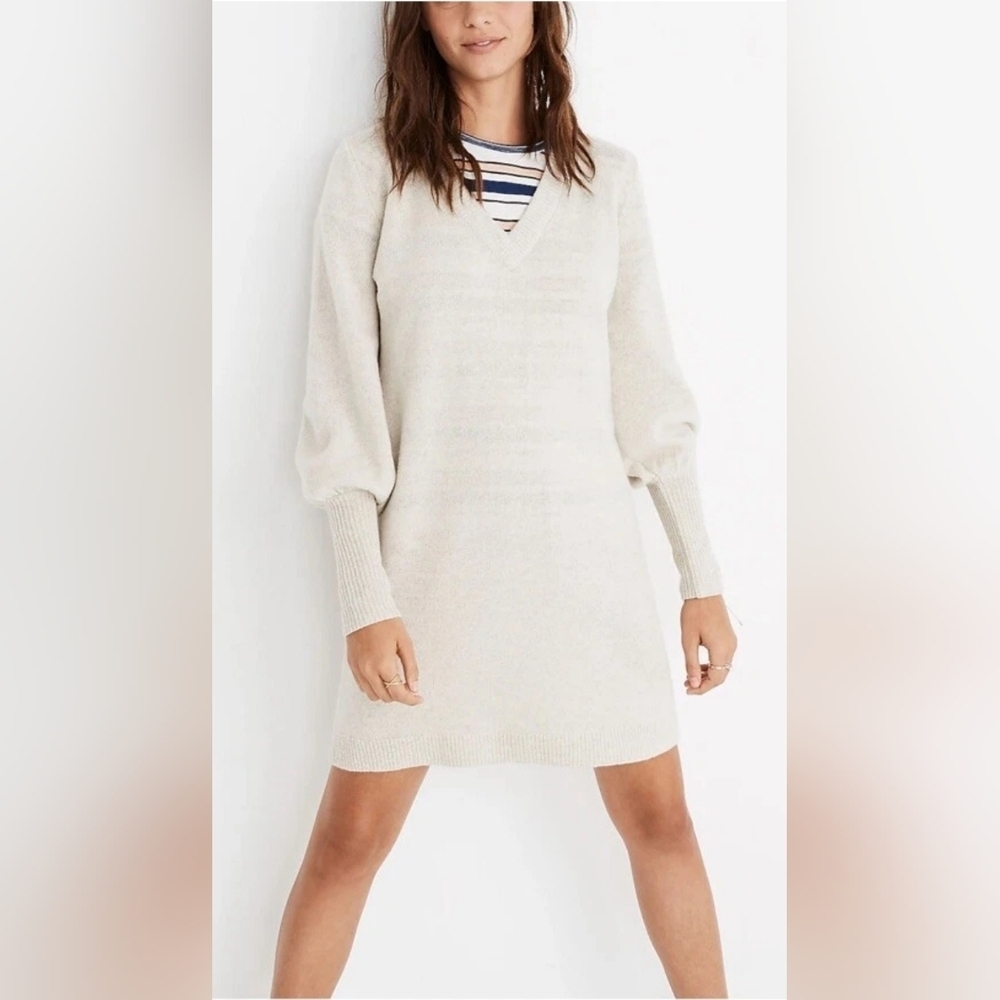 Madewell Cream Color V Neck Wool Blend Bubble Sleeve Sweater Dress Medium